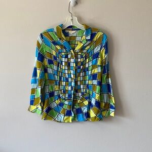 Geometric Mosaic Button-Up Blouse — Blue, Green & Yellow